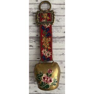Vintage Swiss Brass Cow Bell Hand Painted Flowers  Embroidered Strap Hanging